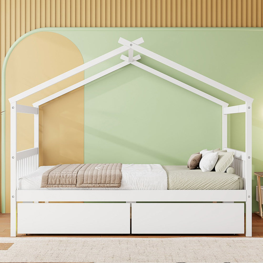 English Elm Twin House Bed Solid Pine Kids Cottage Frame with Storage Drawers Imaginative Room N708P309247K