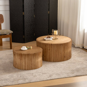 English Elm Vintage Cylindrical Nesting Coffee Table Set, Textured Embossed Wood Accent Tables for Living Room Natural W757P195740