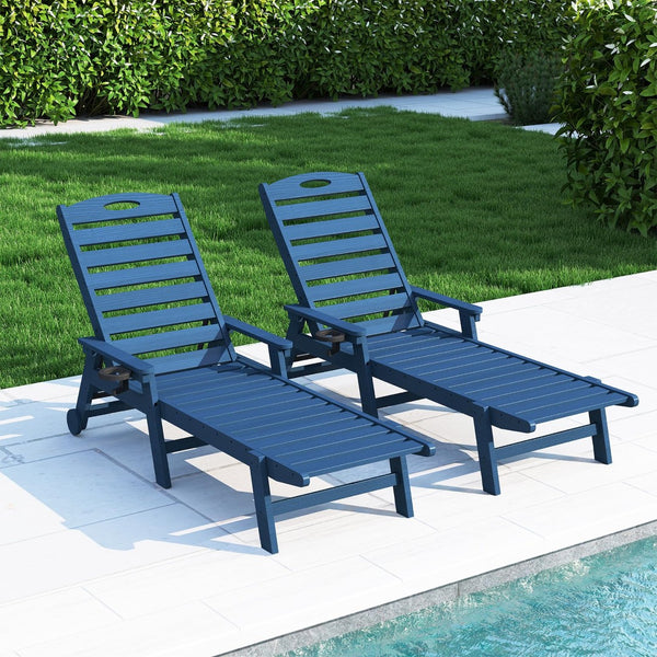 English Elm Patio Hdpe Chaise Lounge Outdoor Reclining Poolside Chair with Built-in Cup Holder Blue W1859P478592