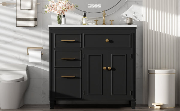 English Elm Christopher Knight Home® - 36" Freestanding 36-inch Modern Bathroom Vanity with Ceramic Sink, Ample Storage, Solid Legs, Durable Finish Black N759P284623B