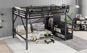 English Elm Full Size Metal Loft Bed with Stair Storage and Built-in Wardrobe for Kids W2580S00058