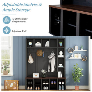 English Elm Farmhouse Hall Tree Walnut Bench Two-tone Entryway Organizer with Six Hooks Shoe Storage N721S000044B-1