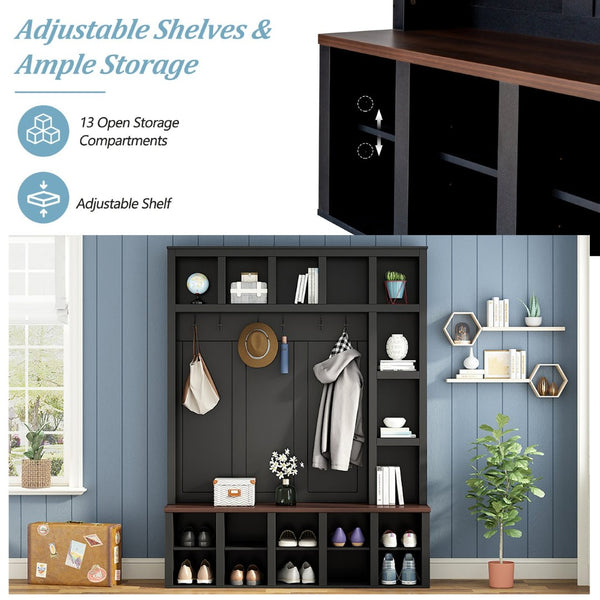 English Elm Farmhouse Hall Tree Walnut Bench Two-tone Entryway Organizer with Six Hooks Shoe Storage N721S000044B-1