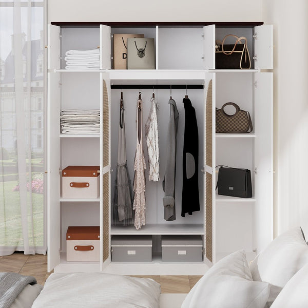 English Elm 70.87"tall Rattan Door Armoire Freestanding Wardrobe with Adjustable Shelves Hanging Rod White W757S00055