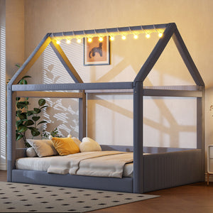 English Elm Full Size Upholstered House Daybed With Led Light Strips, Cozy Grey Corduroy For Stylish Spaces N7500001335E