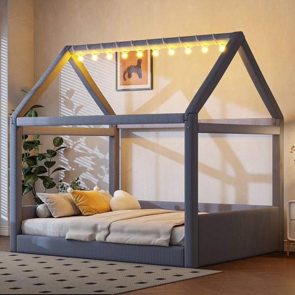 English Elm Full Size Upholstered House Daybed With Led Light Strips, Cozy Grey Corduroy For Stylish Spaces N7500001335E