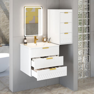 English Elm 24inch Bathroom Vanity with Sink - Wall-Mounted Floating Combo with Ceramic Basin, Modern L-Handle Design White N710S324097K