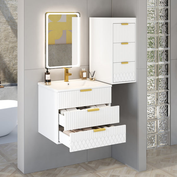 English Elm 24inch Bathroom Vanity with Sink - Wall-Mounted Floating Combo with Ceramic Basin, Modern L-Handle Design White N710S324097K