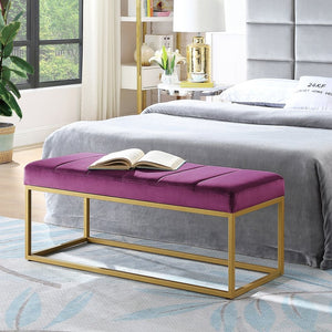 English Elm Modern Channel Tufted Velvet Upholstered Bench with Gold Metal Frame for Bedroom Entry W2186P211159