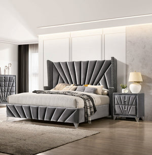 English Elm Bedroom Wooden Queen Bed with High Panel Headboard, Gold Trim Accent, Modern Luxury Design Gray 69.5 L x 26 W x 5 H B2741S00108