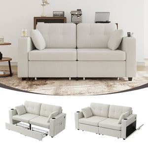 English Elm Sofas for Living Room Chenille Three Seat Couch with Usb Charging Storage and Cup Holder Beige W395S00142