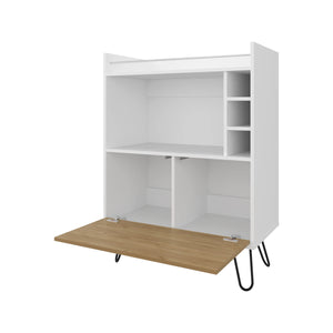 English Elm Wine White and Ash Wood Bar Cabinet with Drop-Down Door, Dual Shelves & Dedicated Wine Storage, Modern Appeal B062P290283