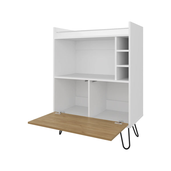 English Elm Wine White and Ash Wood Bar Cabinet with Drop-Down Door, Dual Shelves & Dedicated Wine Storage, Modern Appeal B062P290283