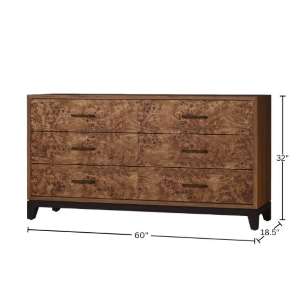 Origins Owen Mid-Century Six-Drawer Dresser in Walnut with Mappa Burl Faces, Soft-Close Drawers, Solid Mahogany 325-03