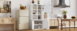 English Elm 75.25''H Retro Farmhouse Display Cabinet with Glass & Solid Doors, Adjustable Shelves, White Storage Elegance SN845P263124W