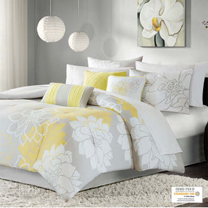 JLA Home Madison Park - Printed Floral Cotton Sateen Comforter Set with Decorative Pillows, Taupe Grey Bed Skirt, OEKO-TEX Certified MP10-174