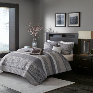 Madison Park Rhapsody Transitional 6 Piece Reversible Jacquard Quilt Set with Throw Pillows MP13-3400 Grey/Taupe