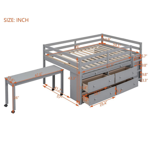 English Elm Full Size Kids Loft Bed Pinewood Frame Dual Study Desks Drawers and Open Shelving Gray LT000369AAE