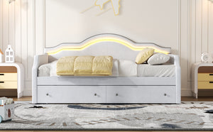 English Elm Full Size Upholstered Daybed With Led Accent, 2 Storage Drawers, Velvet Finish In Elegant Beige N7500001852A