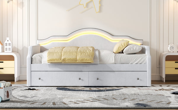 English Elm Full Size Upholstered Daybed With Led Accent, 2 Storage Drawers, Velvet Finish In Elegant Beige N7500001852A