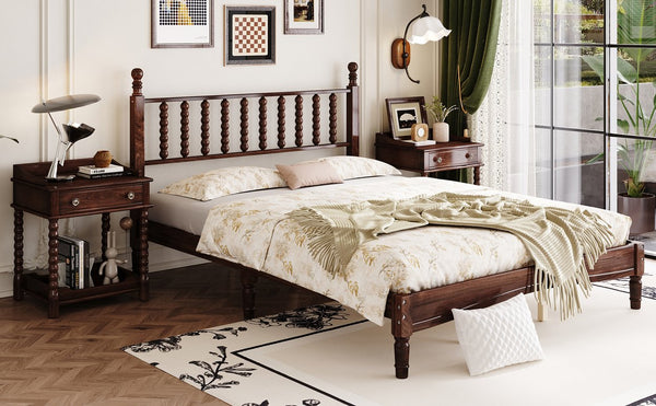 English Elm Queen Wood Platform Bed with Gourd-Shaped Headboard, Retro-Inspired Solid Frame, Slat Support, Sturdy Elegance Walnut 64.8 L x 17.5 W x 9.5 H N733P206242D