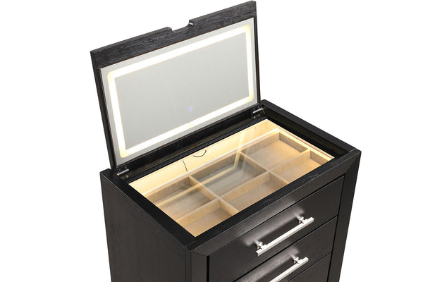 English Elm Bedside Vanity Set with LED Mirror, Jewelry Storage, Charging Ports, Felt Lined Tray, Stool Storage Black 34 L x 22 W x 39 H B2741P380815