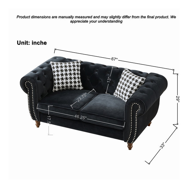 English Elm 67"Chesterfield Velvet 2-Seater Sofa with Nailhead Trim, Roll Arms, Hardwood Frame, Luxurious Comfort Black W3373S00011
