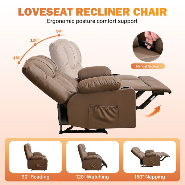 English Elm Recliner Loveseat with Massage Heat Pu Leather Dual Seating and Usb Charging Ports Brown W1521S00083