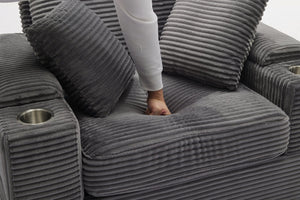 English Elm Corduroy Chaise Lounge Sofa With Storage, Movable Ottoman & Cupholders For Relaxation W2120S00004-GIGA