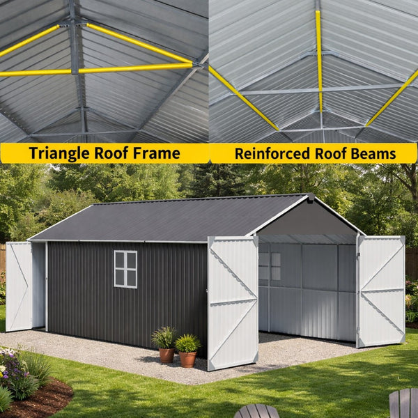 English Elm 12x20 Ft Steel Carport Shed with Double Doors Windows and All Weather Protection W419S00066
