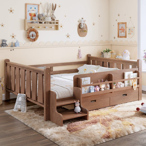 English Elm Twin Kids Platform Bed with Trundle Staircase Bookshelf and Rounded Safety Rails Natural W1580S00540