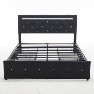 English Elm Queen Storage Bed with Led Lighting Crystal Tufted Pu Leather Headboard Charging Ports Black W5722P462463