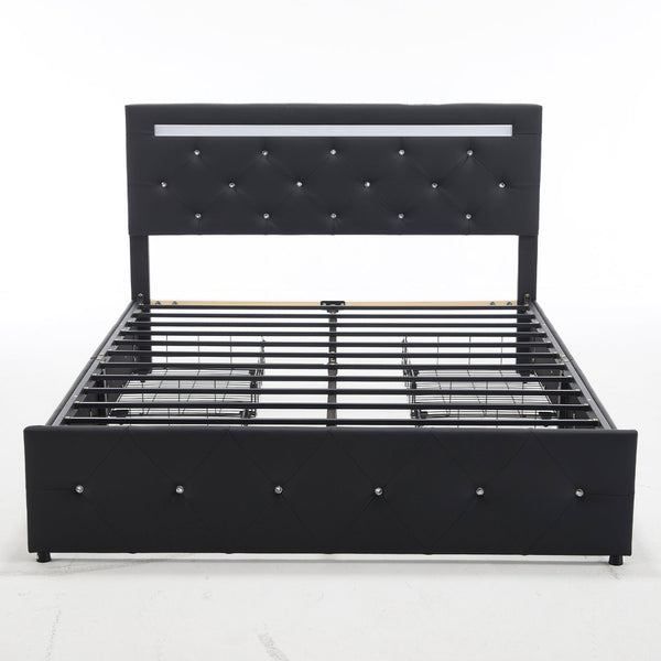 English Elm Queen Storage Bed with Led Lighting Crystal Tufted Pu Leather Headboard Charging Ports Black W5722P462463
