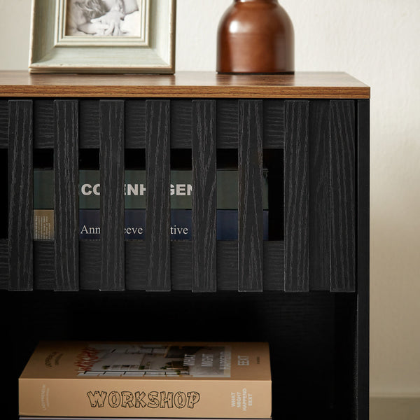 English Elm 2 Set Nightstands with Grille Striped Doors Modern Mid-Century Bedside Tables Black MDF Metal Legs, Storage W578P193301