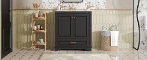 English Elm 30" Elegant Bathroom Vanity with Ceramic Sink, French-Inspired Compact Cabinet with Drawer & Shelf Black N710P317676B