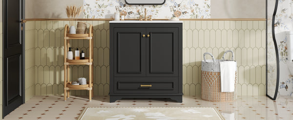 English Elm 30" Elegant Bathroom Vanity with Ceramic Sink, French-Inspired Compact Cabinet with Drawer & Shelf Black N710P317676B