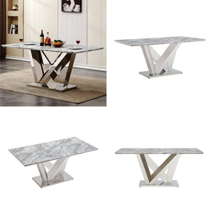 English Elm Marble Dining Table For 6 - 70'' Rectangular Faux Marble Top & Mirrored Stainless Steel Base W3456S00043