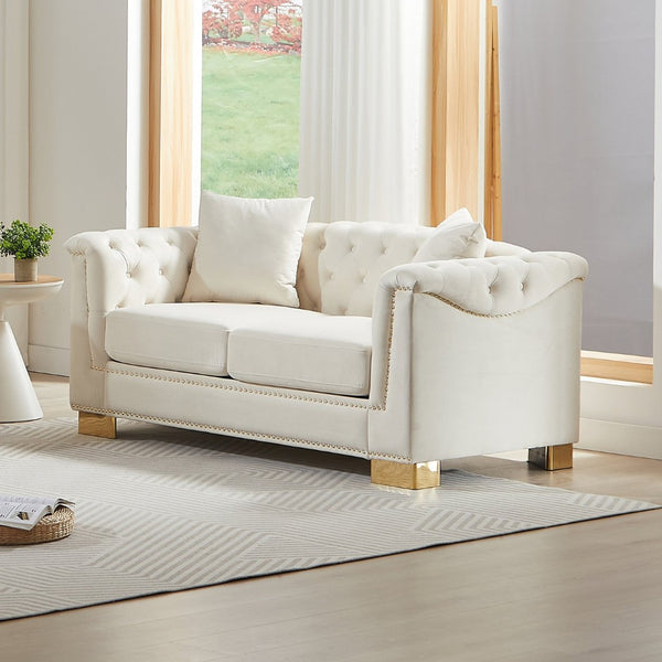 English Elm {video] Chesterfield Two-seater Velvet Sofa with Nailhead Trim and Tufted Gold Leg Luxury Beige W1926S00093