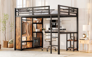 English Elm Queen Size Loft Bed Frame With Integrated Wardrobe, Desk & Storage Shelves For Space-Saving Style W1580S00178-GIGA