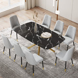 Large Dining Set: Black Marble-Look Table, 6 Leatherette Chairs, Gold Legs