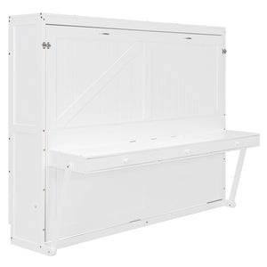 English Elm Queen Murphy Bed Cabinet with Vanity Desk Hydraulic Lift Mirror Distressed Finish White LP000766AAK-1