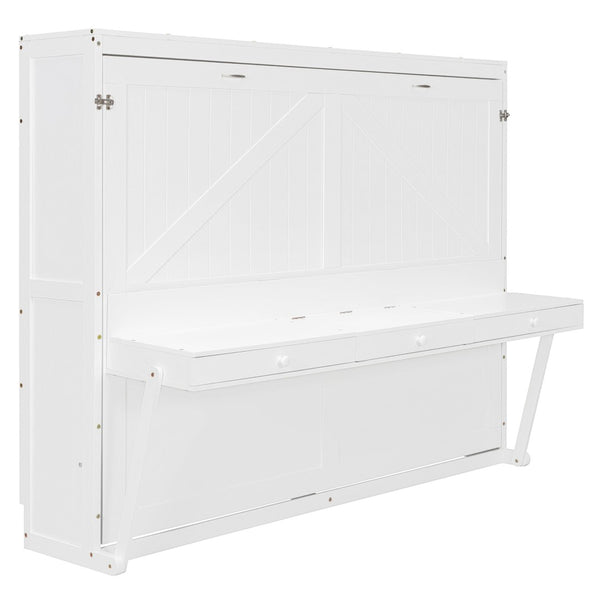 English Elm Queen Murphy Bed Cabinet with Vanity Desk Hydraulic Lift Mirror Distressed Finish White LP000766AAK-1