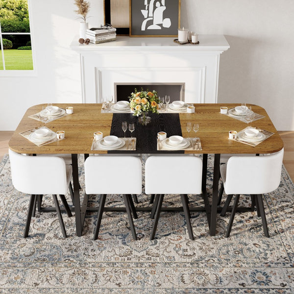English Elm 9-piece Square Dining Set Two-tone Wood Table with 8 White Faux Leather Chairs W3875S00140