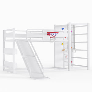 English Elm Twin Metal Loft Bed with Slide Basketball Hoop Climbing Wall and Built-in Shelves White W1580S00633