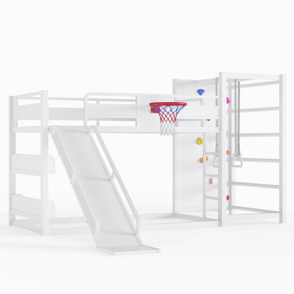 English Elm Twin Metal Loft Bed with Slide Basketball Hoop Climbing Wall and Built-in Shelves White W1580S00633