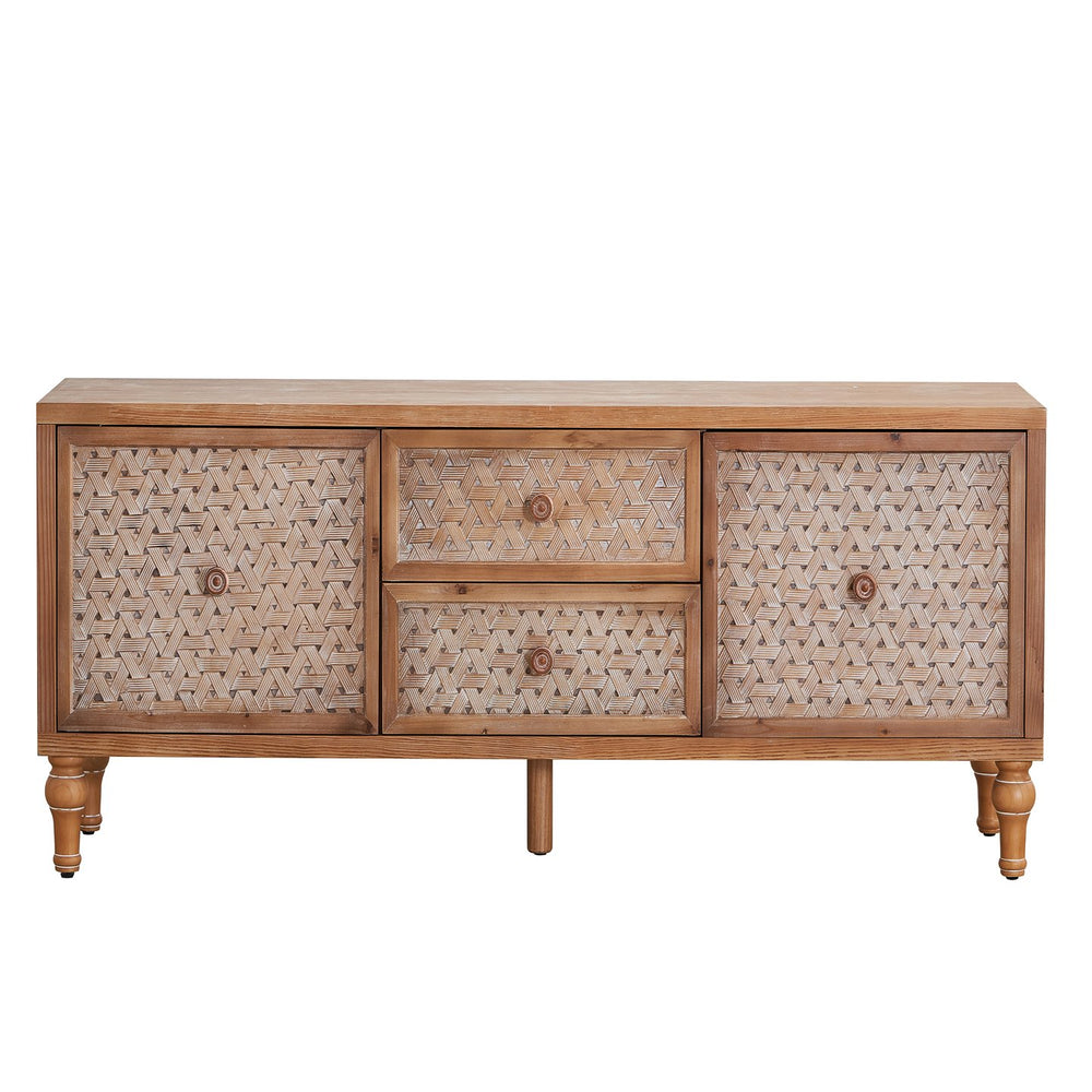English Elm Rattan Mid-Century TV Stand 63.8" for TVs up to 65" — Rattan Doors, 2 Drawers, Adjustable Shelf, Cord Management W3040P382306