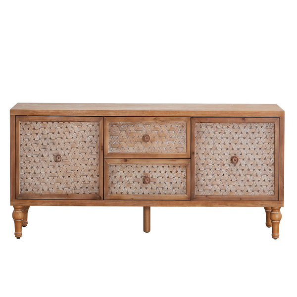 English Elm Rattan Mid-Century TV Stand 63.8" for TVs up to 65" — Rattan Doors, 2 Drawers, Adjustable Shelf, Cord Management W3040P382306