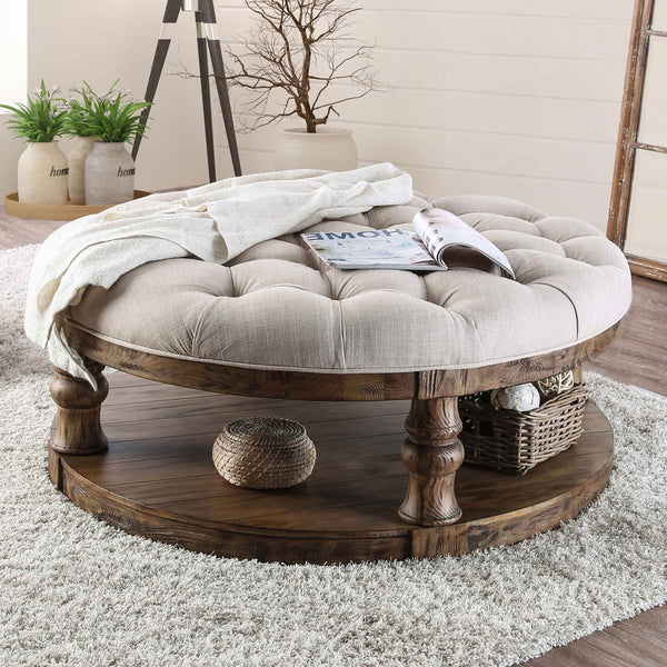 English Elm Rustic Round Wooden Coffee Table 48" Dia x 20" H with Weathered Finish, Turned Legs, Open Shelf and Button-Tufted Beige Linen Top Antique Dark Oak 51 L x 51 W x 13 H B2741P357496