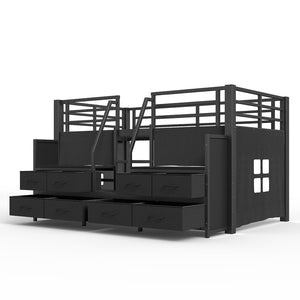 English Elm Twin Low Loft Bed with Shelves Fabric Drawers and Under Bed Study Nook Metal Frame Black W5305S00043