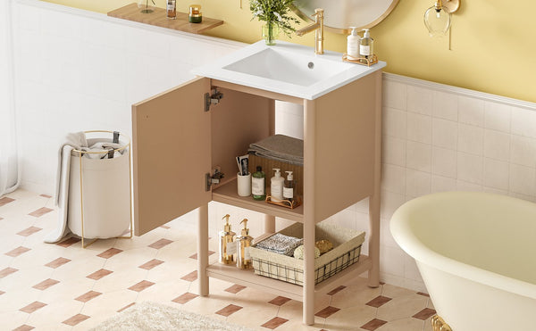 English Elm 20-inch French Style Bathroom Vanity with Integrated Ceramic Sink, Carved Accents & Soft-Close Door Cream White N710P330975Y